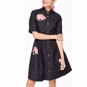 Kate Spade NY Broome Street Dark Denim Dress with Pink Roses Accents Size 2
